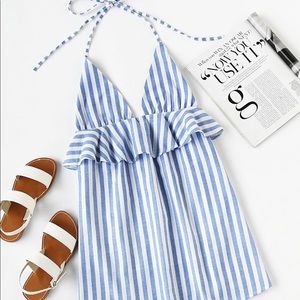 Halter Neck Vertical Striped Frill Trim Dress